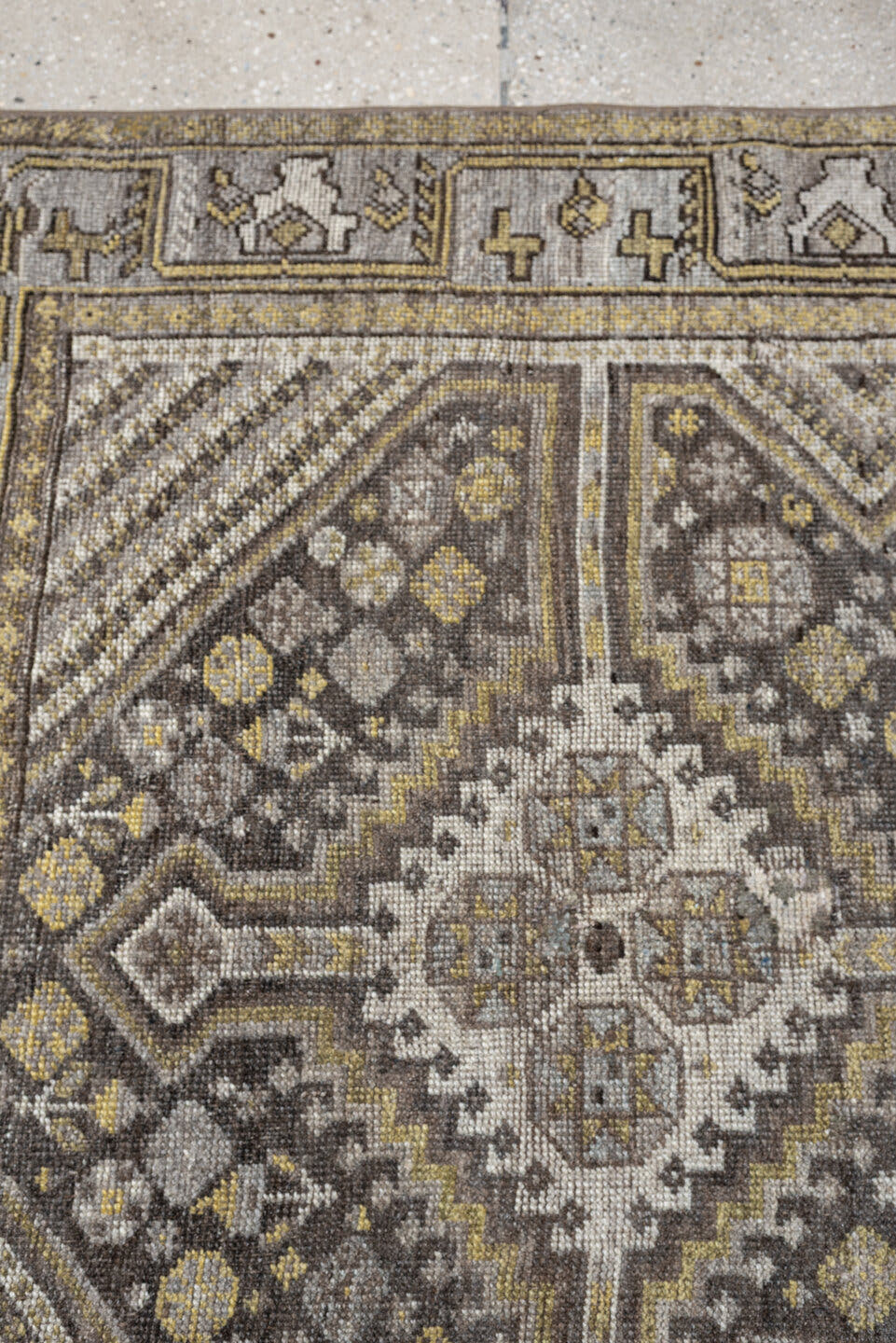 4' x 5' one-of-a-kind handmade antique Shiraz small size rug. Color palette: taupe, charcoal, ivory, soft gold, gray, brown