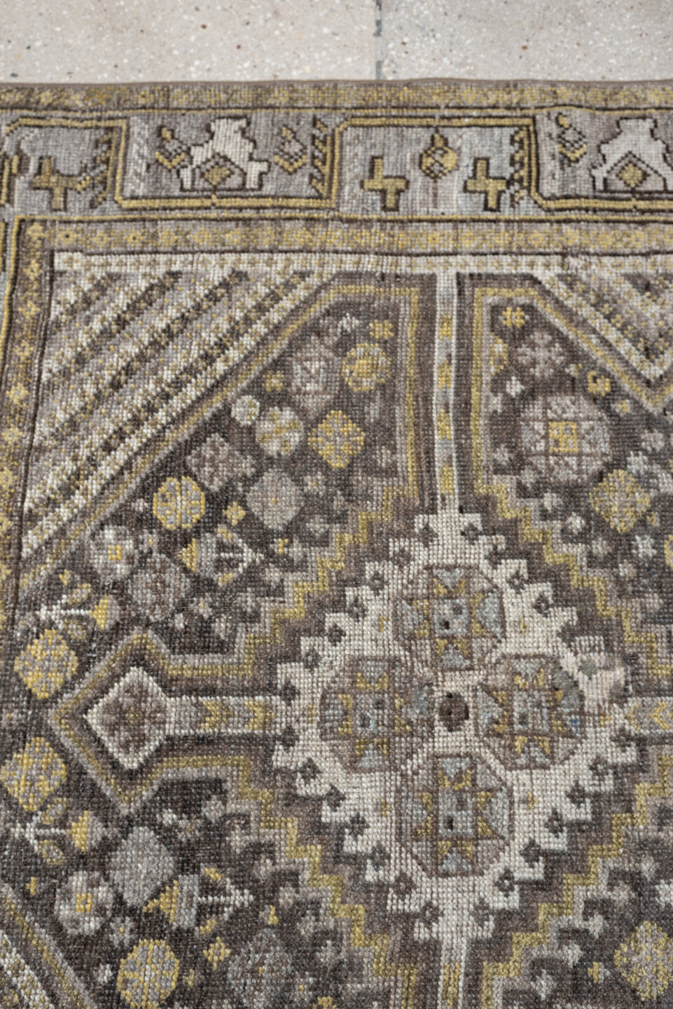 4' x 5' one-of-a-kind handmade antique Shiraz small size rug. Color palette: taupe, charcoal, ivory, soft gold, gray, brown