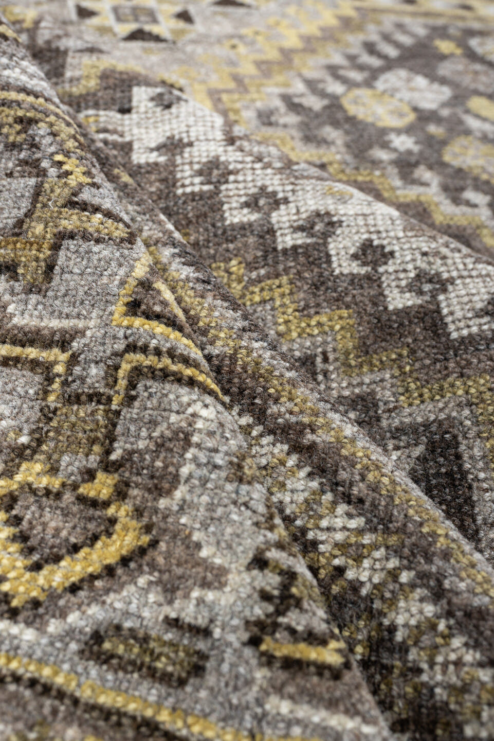 4' x 5' one-of-a-kind handmade antique Shiraz small size rug. Color palette: taupe, charcoal, ivory, soft gold, gray, brown