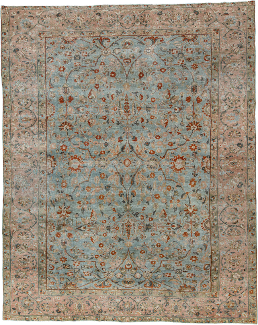 9' x 11' one-of-a-kind handmade antique Lillian large size rug. Color palette: dusty blue, dusty rose, ivory, rust, taupe