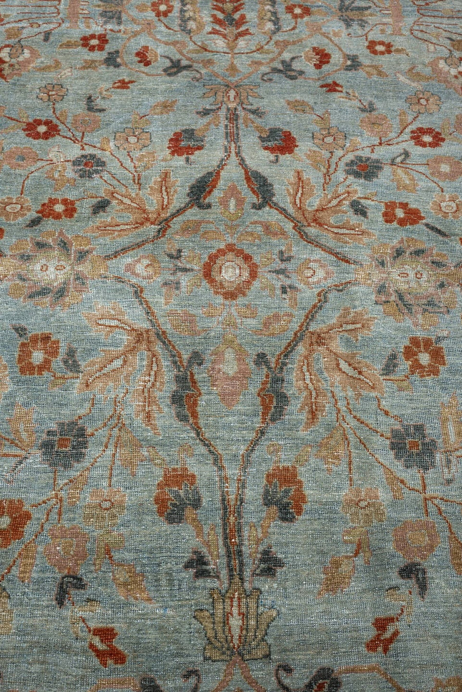 9' x 11' one-of-a-kind handmade antique Lillian large size rug. Color palette: dusty blue, dusty rose, ivory, rust, taupe