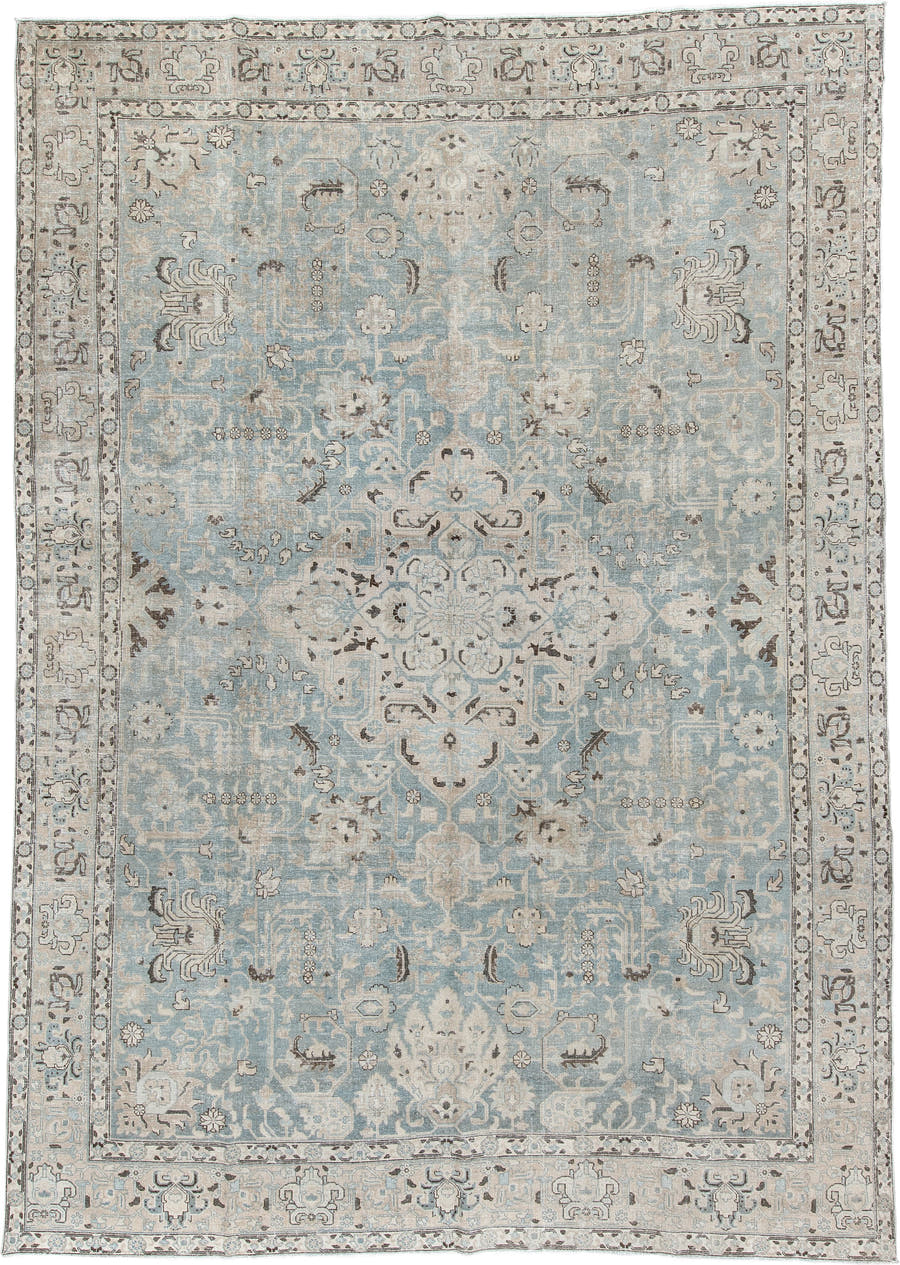 9' x 12' one-of-a-kind handmade antique Tabriz large size rug. Color palette: blue gray, ivory, taupe, charcoal, soft brown