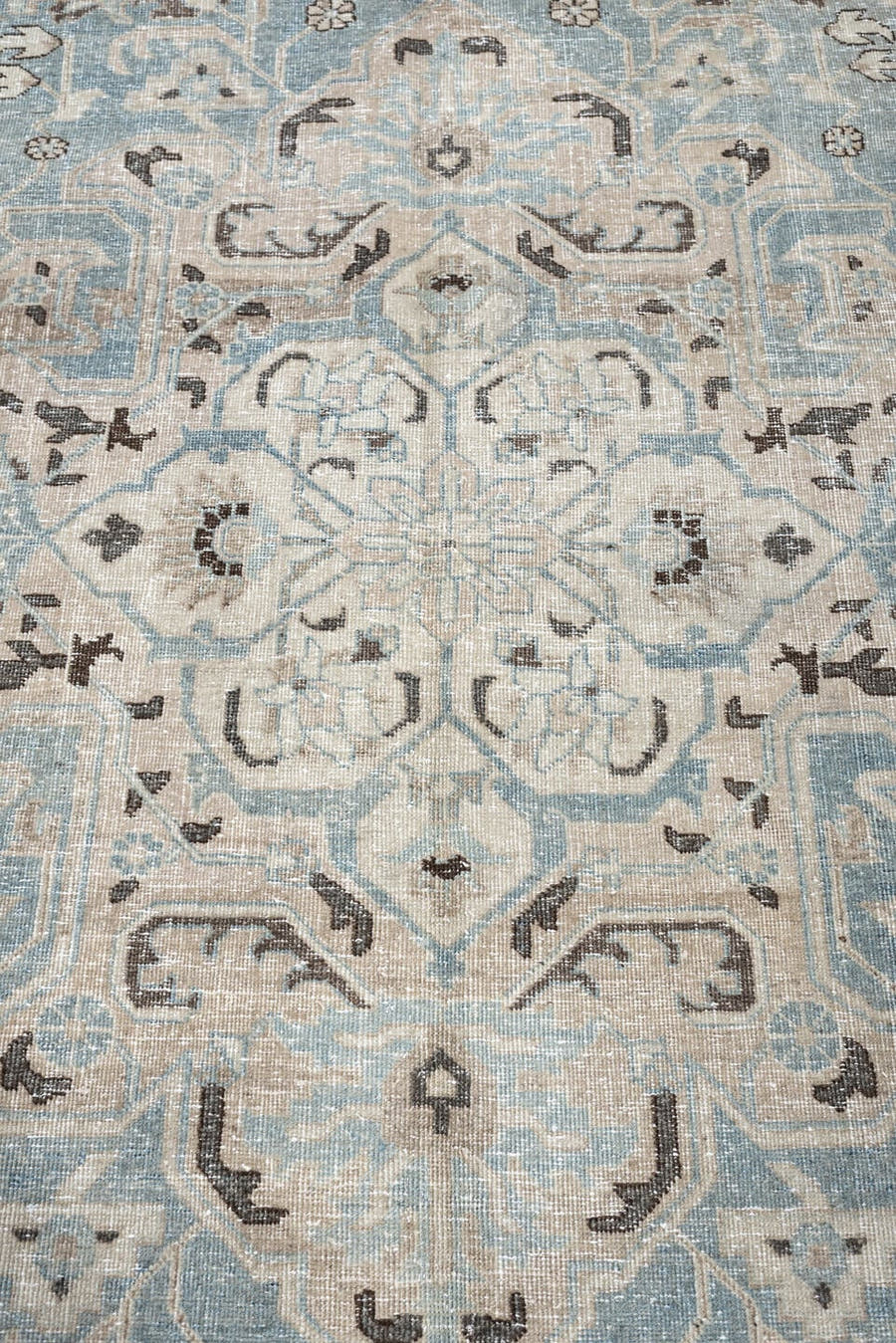 9' x 12' one-of-a-kind handmade antique Tabriz large size rug. Color palette: blue gray, ivory, taupe, charcoal, soft brown