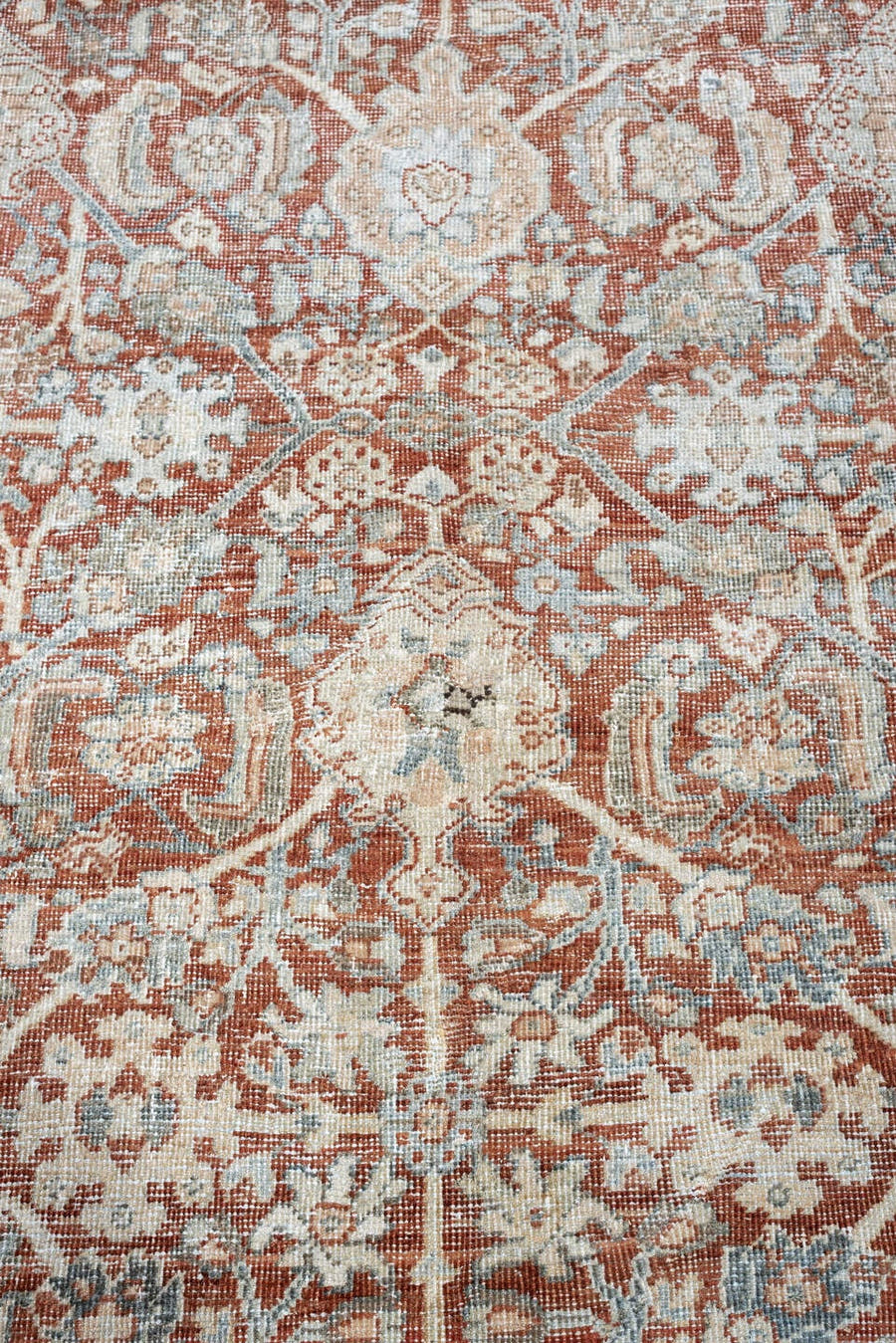 10' x 13' one-of-a-kind handmade vintage Mahal large size rug. Color palette: terracotta, pale blue, ivory, rust, taupe