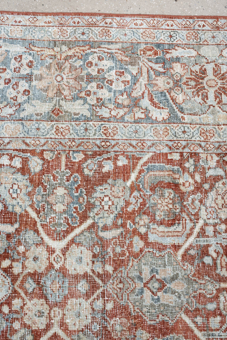 10' x 13' one-of-a-kind handmade vintage Mahal large size rug. Color palette: terracotta, pale blue, ivory, rust, taupe