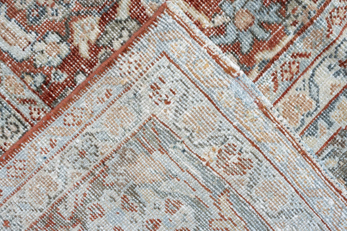10' x 13' one-of-a-kind handmade vintage Mahal large size rug. Color palette: terracotta, pale blue, ivory, rust, taupe