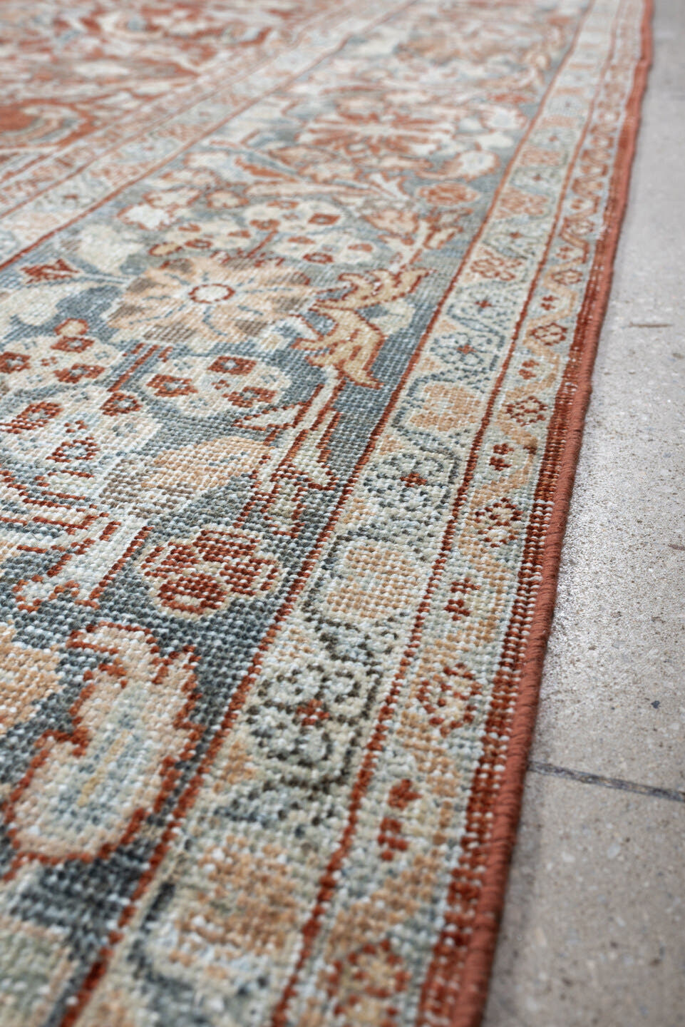 10' x 13' one-of-a-kind handmade vintage Mahal large size rug. Color palette: terracotta, pale blue, ivory, rust, taupe