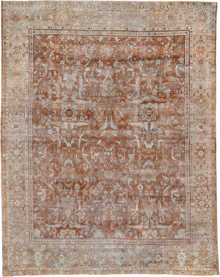 9' x 11' one-of-a-kind handmade antique Mahal large size rug. Color palette: terracotta, rust, ivory, pale blue, sage, taupe