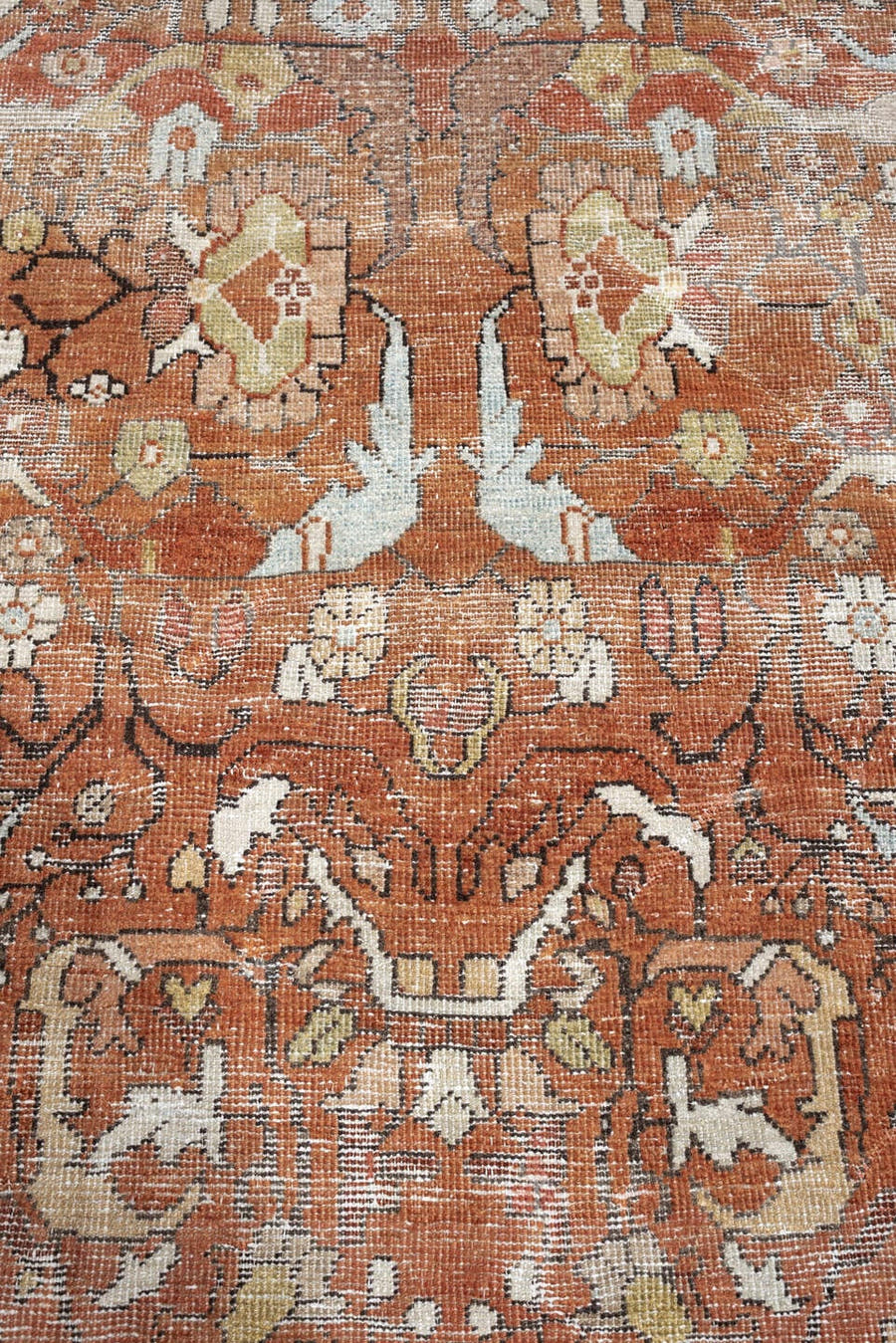 9' x 11' one-of-a-kind handmade antique Mahal large size rug. Color palette: terracotta, rust, ivory, pale blue, sage, taupe