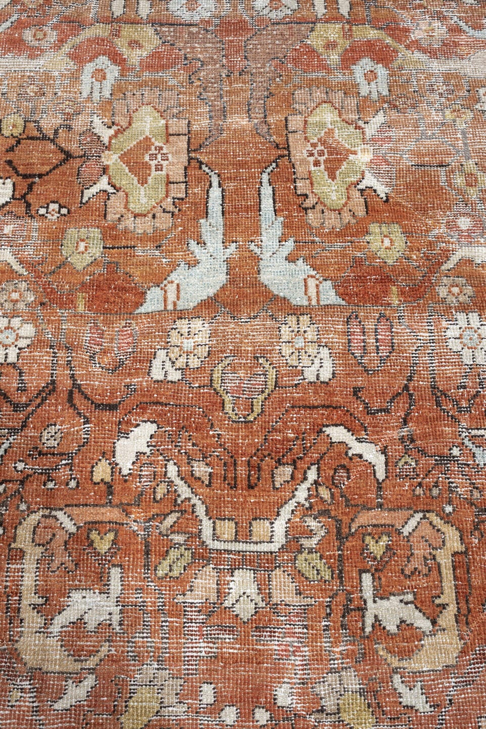 9' x 11' one-of-a-kind handmade antique Mahal large size rug. Color palette: terracotta, rust, ivory, pale blue, sage, taupe