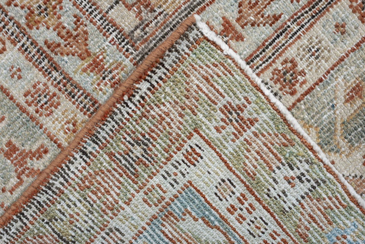 9' x 11' one-of-a-kind handmade antique Mahal large size rug. Color palette: terracotta, rust, ivory, pale blue, sage, taupe