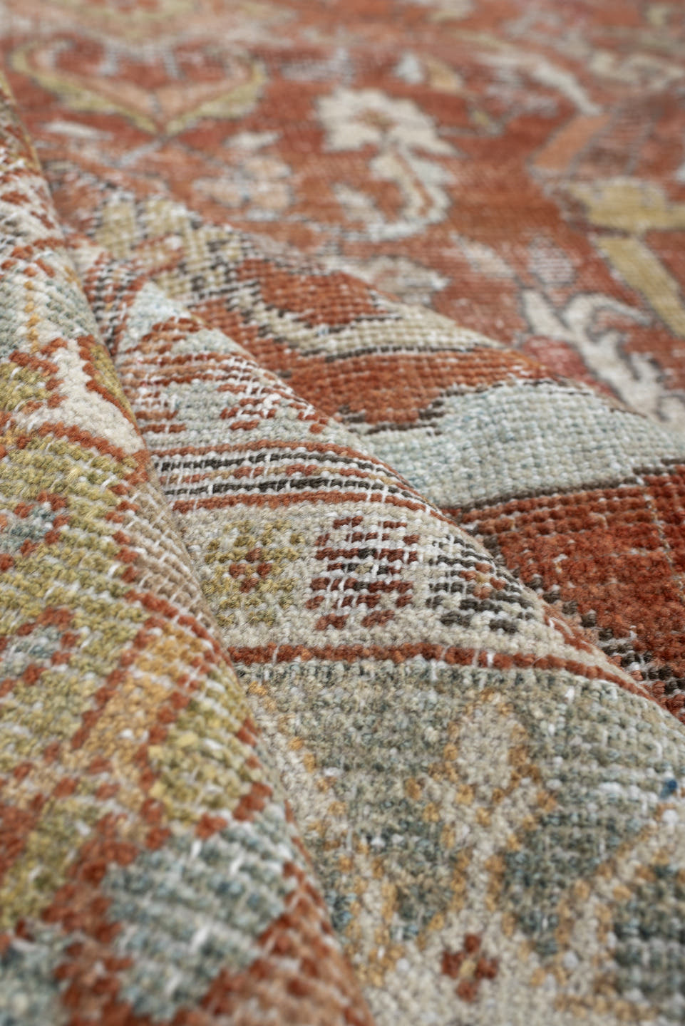 9' x 11' one-of-a-kind handmade antique Mahal large size rug. Color palette: terracotta, rust, ivory, pale blue, sage, taupe