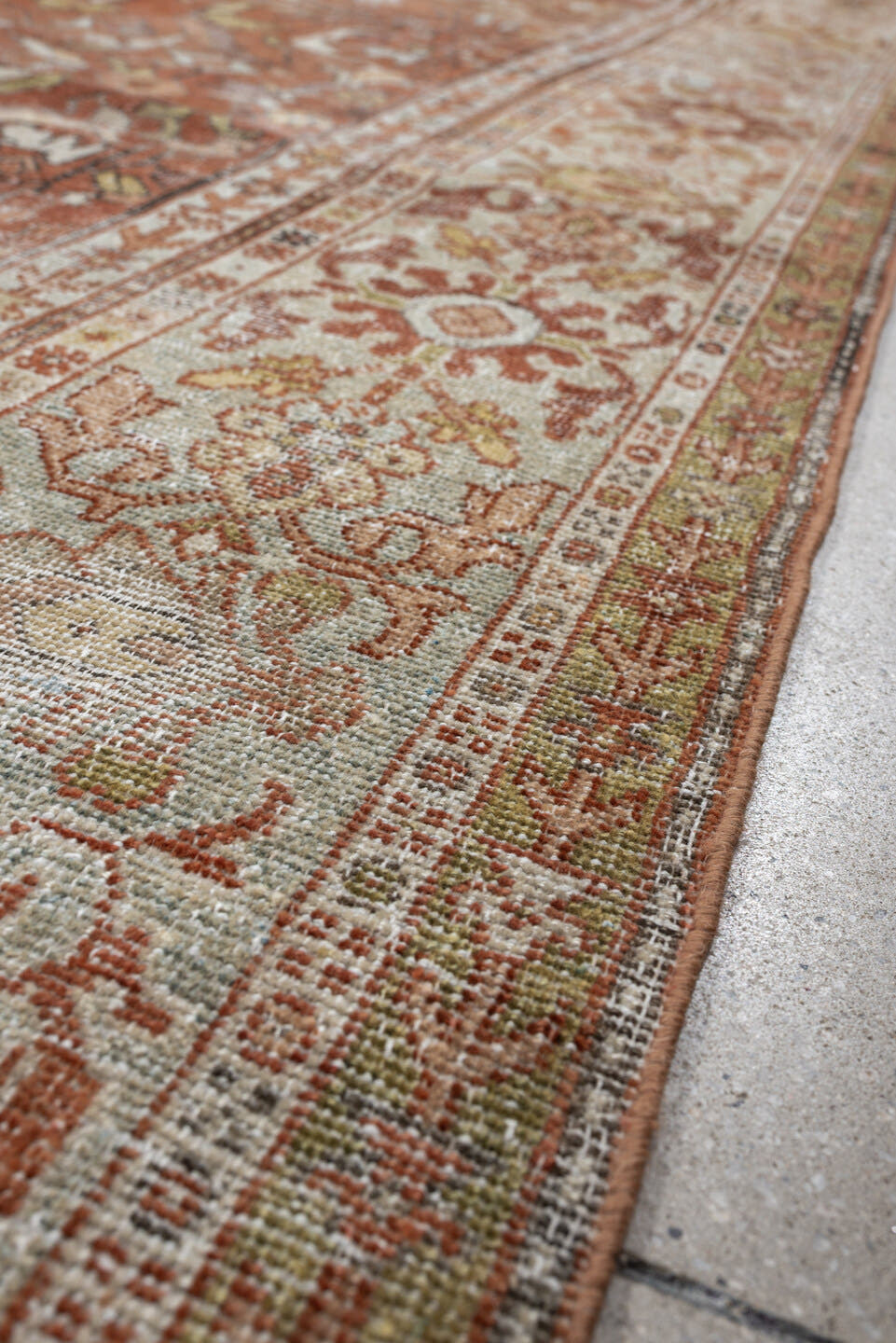9' x 11' one-of-a-kind handmade antique Mahal large size rug. Color palette: terracotta, rust, ivory, pale blue, sage, taupe