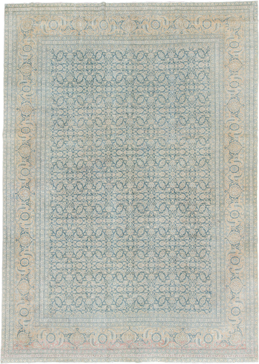 9' x 12' one-of-a-kind handmade antique Tabriz large size rug. Color palette: ivory, pale blue, blue gray, beige, blush