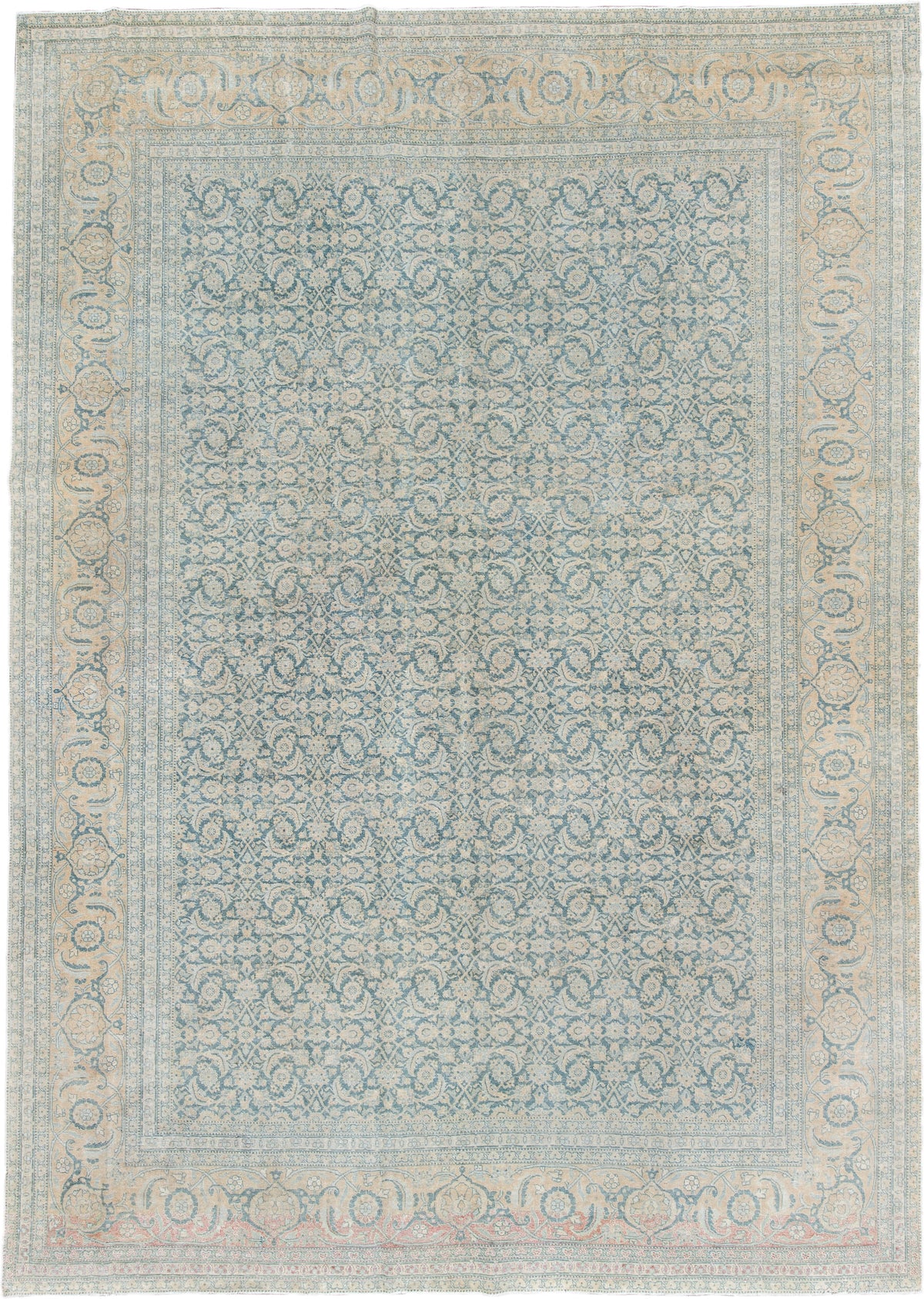 9' x 12' one-of-a-kind handmade antique Tabriz large size rug. Color palette: ivory, pale blue, blue gray, beige, blush