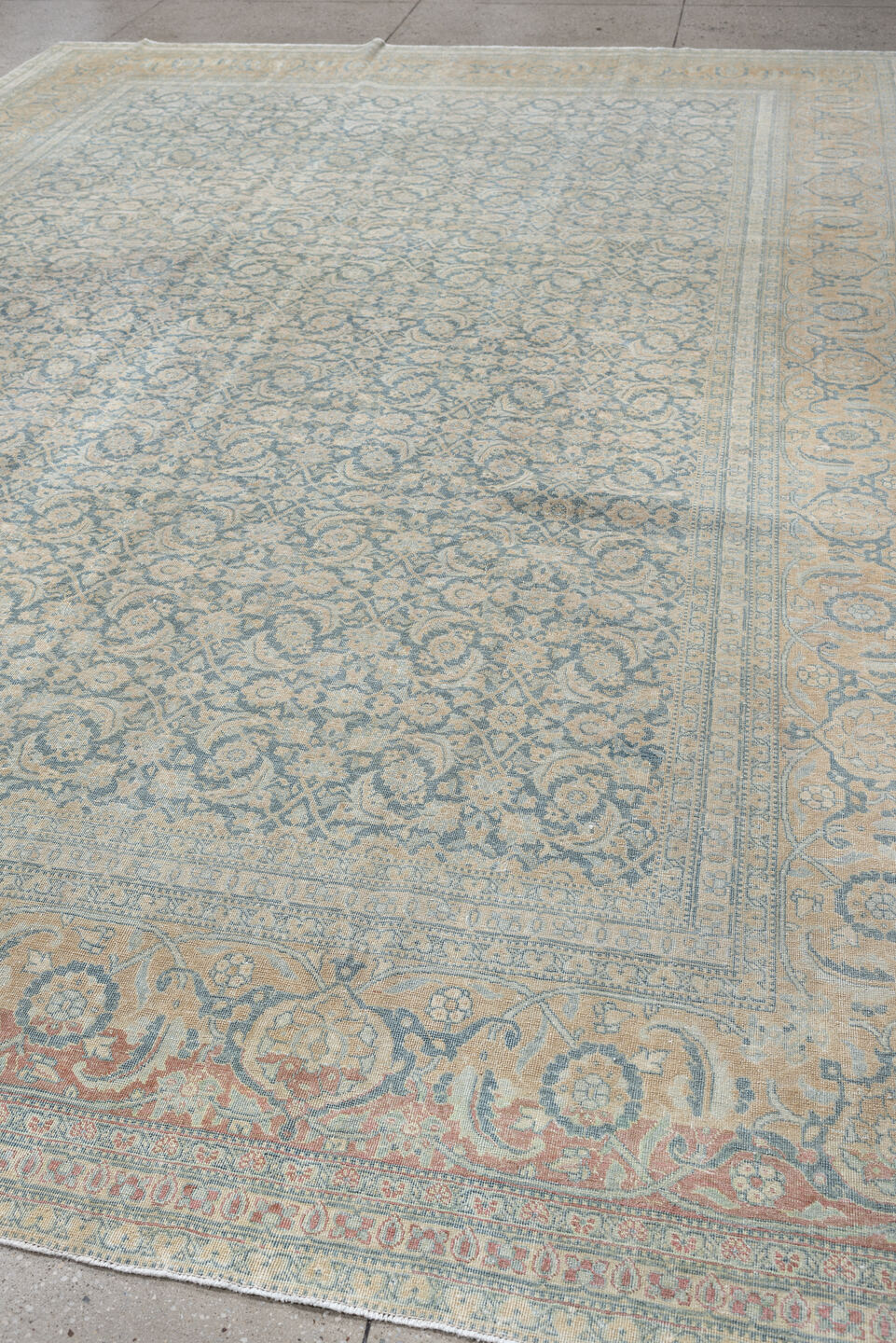 9' x 12' one-of-a-kind handmade antique Tabriz large size rug. Color palette: ivory, pale blue, blue gray, beige, blush