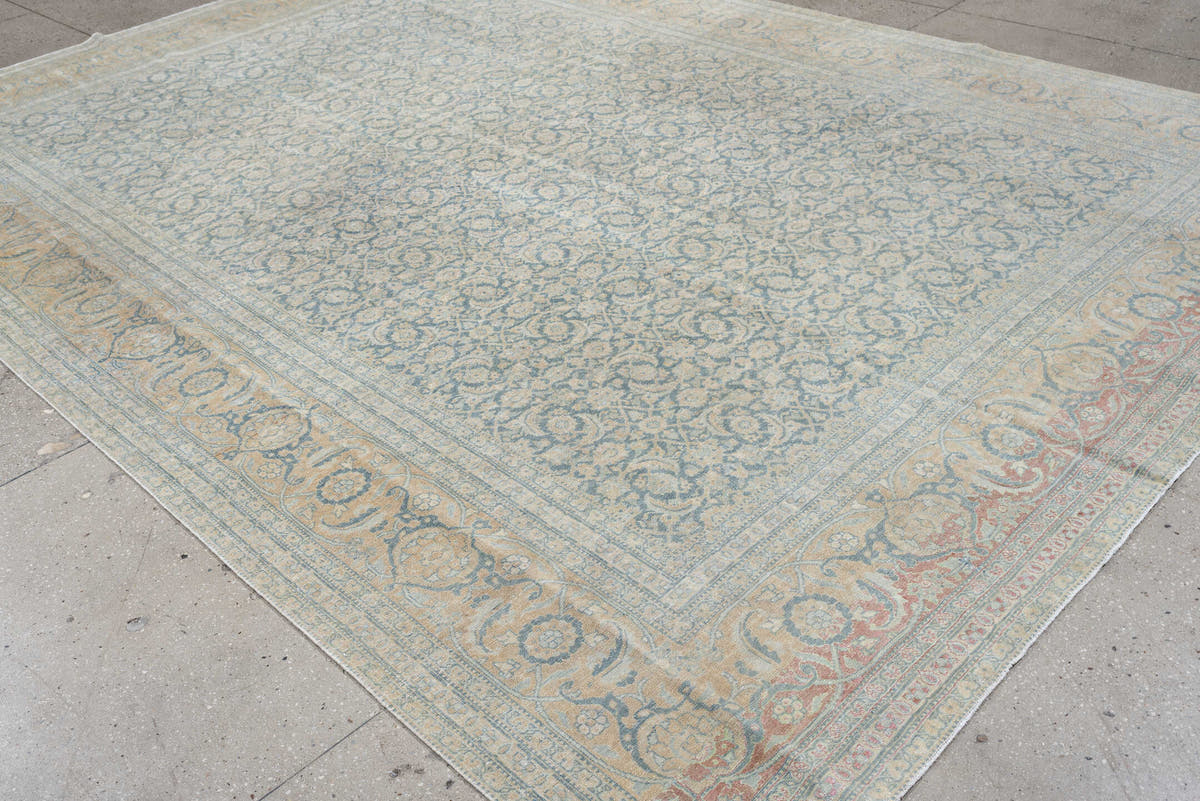9' x 12' one-of-a-kind handmade antique Tabriz large size rug. Color palette: ivory, pale blue, blue gray, beige, blush