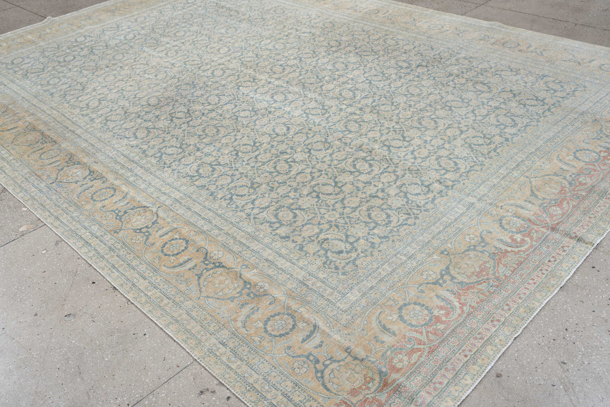 9' x 12' one-of-a-kind handmade antique Tabriz large size rug. Color palette: ivory, pale blue, blue gray, beige, blush