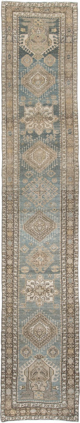 2' x 14' one-of-a-kind handmade antique Karaje runner rug. Color palette: blue gray, ivory, taupe, charcoal, camel