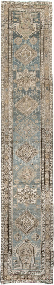 2' x 14' one-of-a-kind handmade antique Karaje runner rug. Color palette: blue gray, ivory, taupe, charcoal, camel