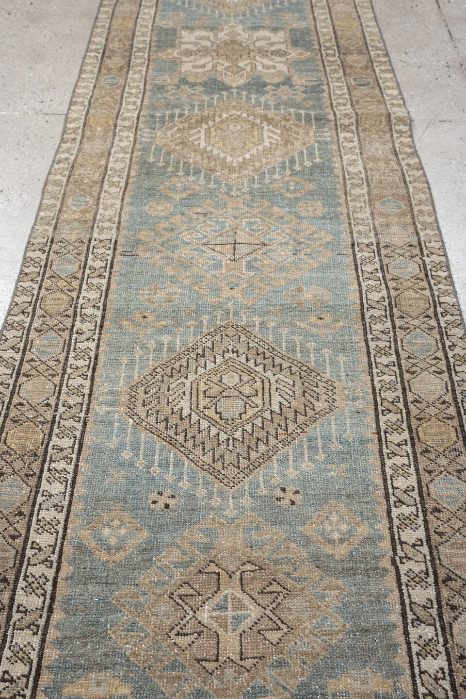 2' x 14' one-of-a-kind handmade antique Karaje runner rug. Color palette: blue gray, ivory, taupe, charcoal, camel