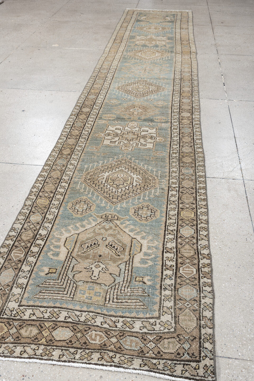 2' x 14' one-of-a-kind handmade antique Karaje runner rug. Color palette: blue gray, ivory, taupe, charcoal, camel