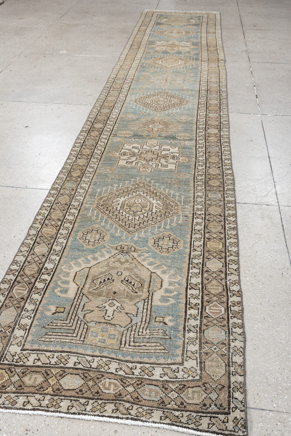 2' x 14' one-of-a-kind handmade antique Karaje runner rug. Color palette: blue gray, ivory, taupe, charcoal, camel