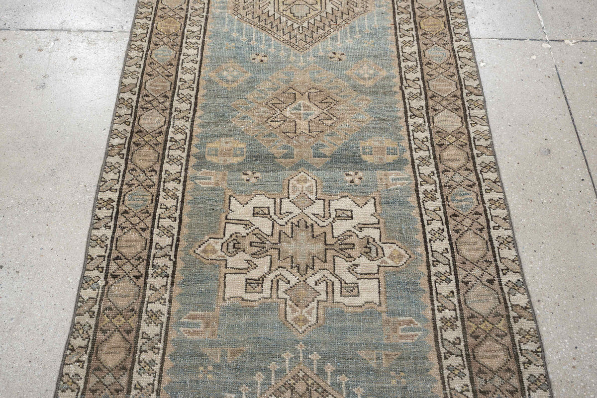 2' x 14' one-of-a-kind handmade antique Karaje runner rug. Color palette: blue gray, ivory, taupe, charcoal, camel