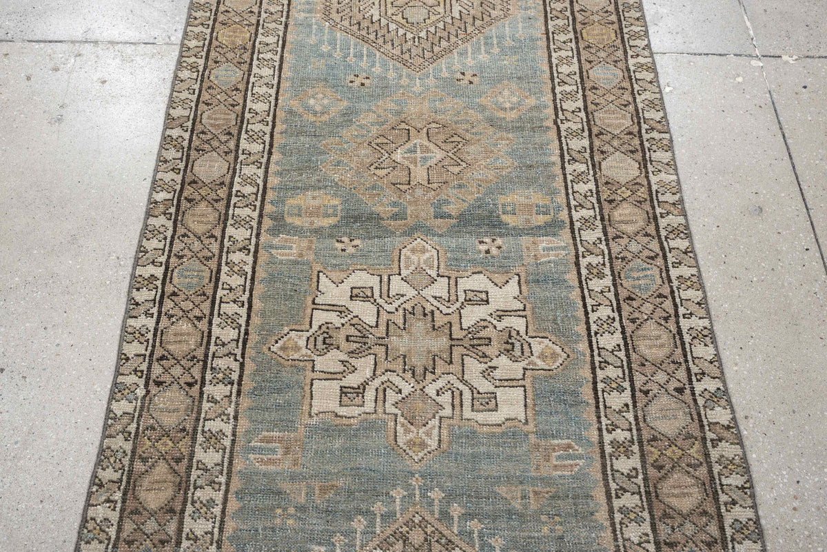 2' x 14' one-of-a-kind handmade antique Karaje runner rug. Color palette: blue gray, ivory, taupe, charcoal, camel
