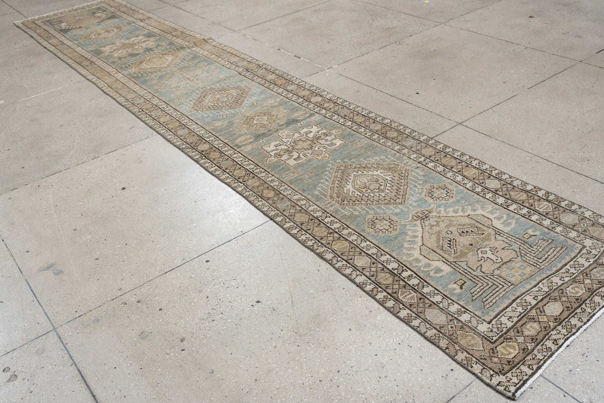 2' x 14' one-of-a-kind handmade antique Karaje runner rug. Color palette: blue gray, ivory, taupe, charcoal, camel