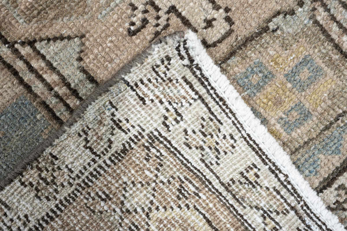 2' x 14' one-of-a-kind handmade antique Karaje runner rug. Color palette: blue gray, ivory, taupe, charcoal, camel