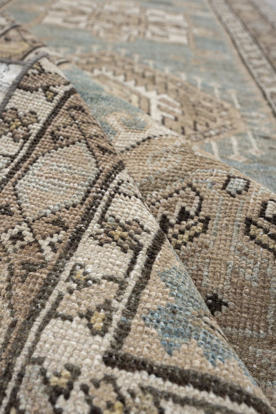 2' x 14' one-of-a-kind handmade antique Karaje runner rug. Color palette: blue gray, ivory, taupe, charcoal, camel
