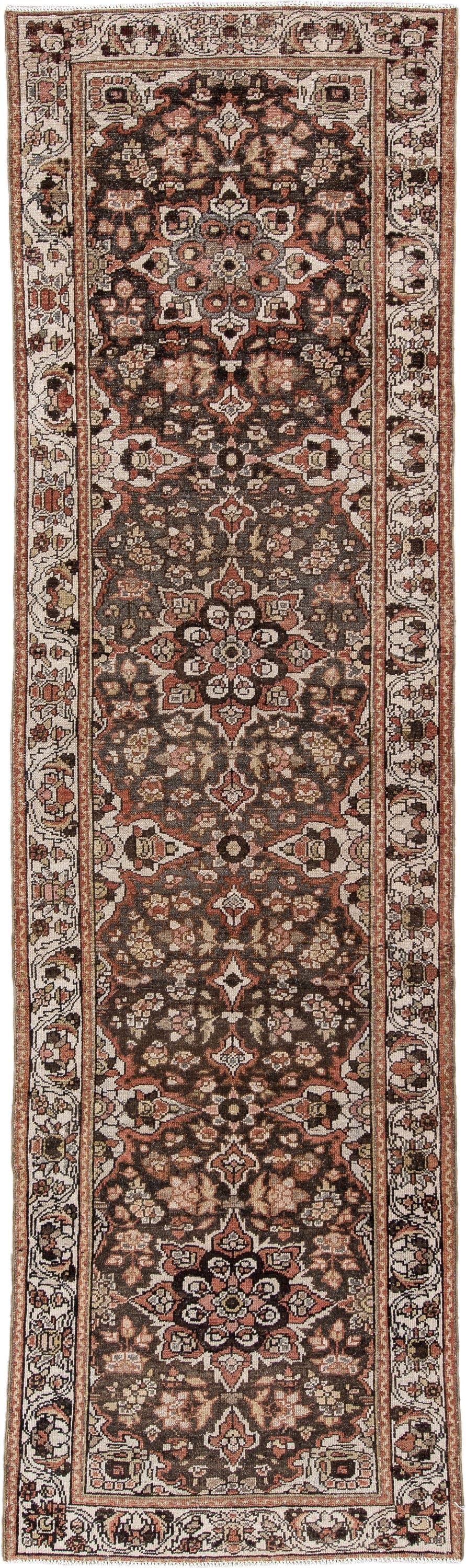 3' x 11' one-of-a-kind handmade antique Hamadan runner rug. Color palette: dark brown, ivory, rust, camel, charcoal