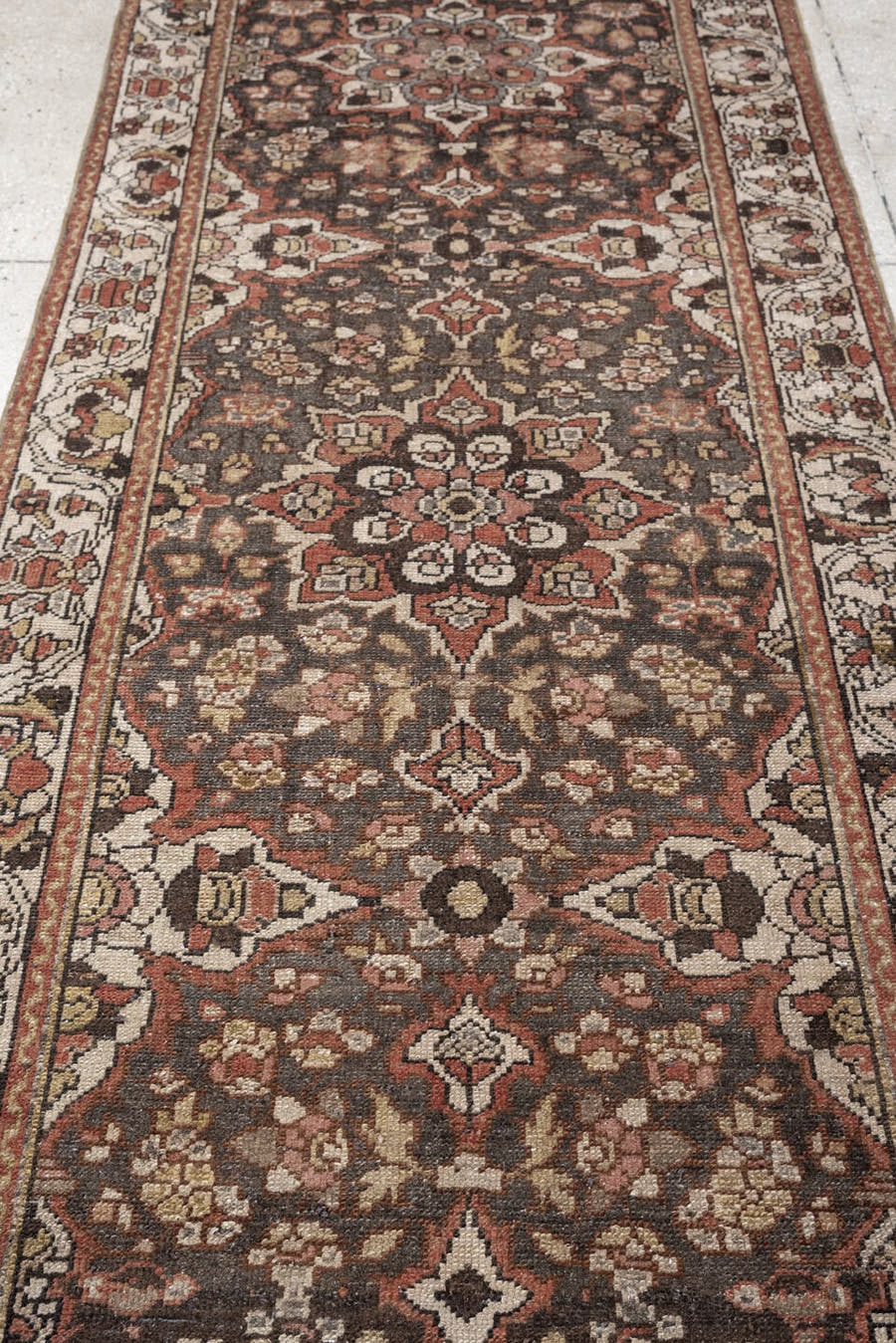 3' x 11' one-of-a-kind handmade antique Hamadan runner rug. Color palette: dark brown, ivory, rust, camel, charcoal