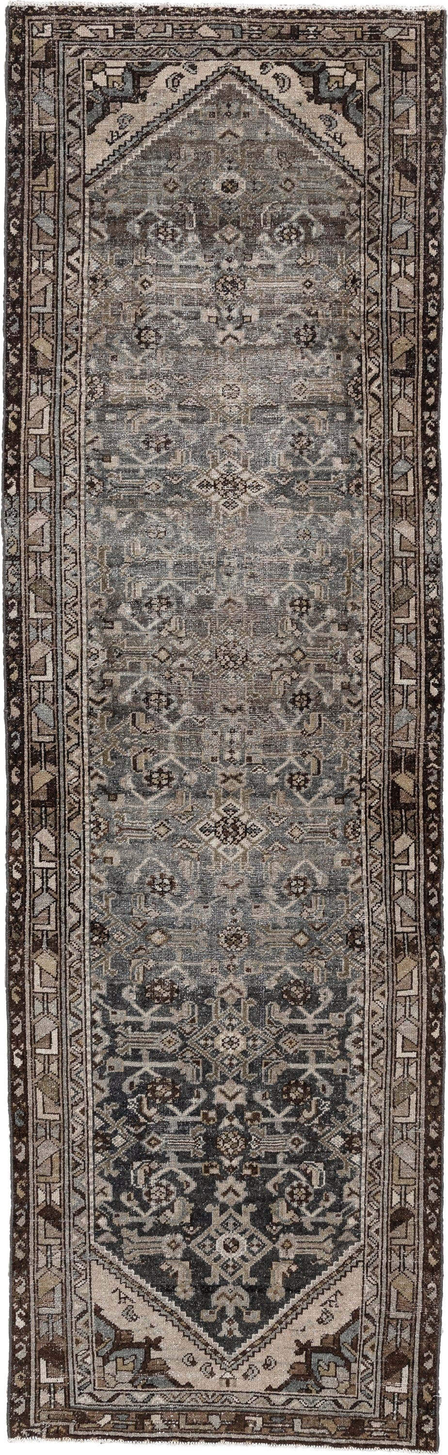 3' x 9' one-of-a-kind handmade antique Malayer runner rug. Color palette: blue gray, charcoal, ivory, taupe, brown, slate
