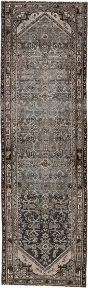 3' x 9' one-of-a-kind handmade antique Malayer runner rug. Color palette: blue gray, charcoal, ivory, taupe, brown, slate