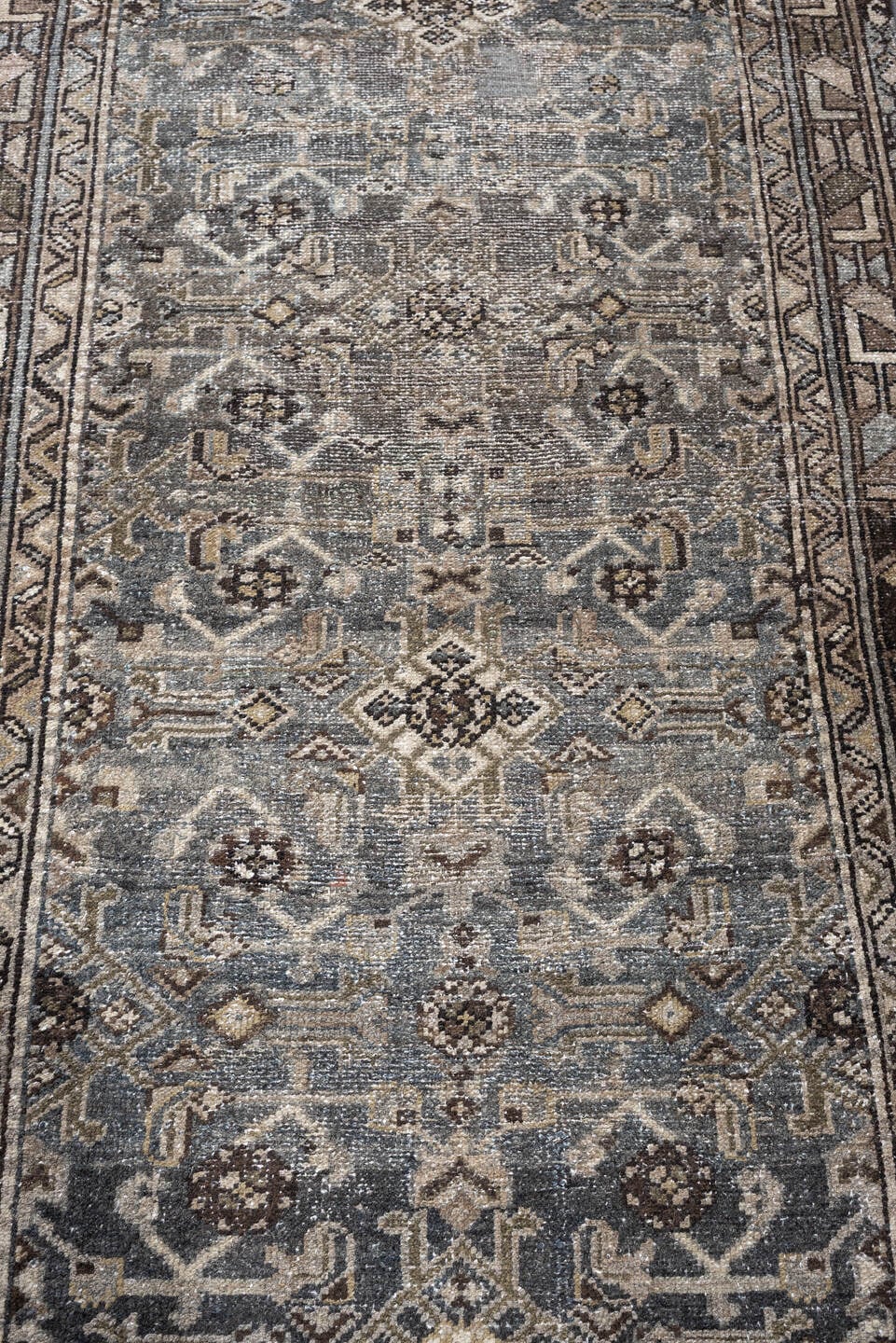 3' x 9' one-of-a-kind handmade antique Malayer runner rug. Color palette: blue gray, charcoal, ivory, taupe, brown, slate
