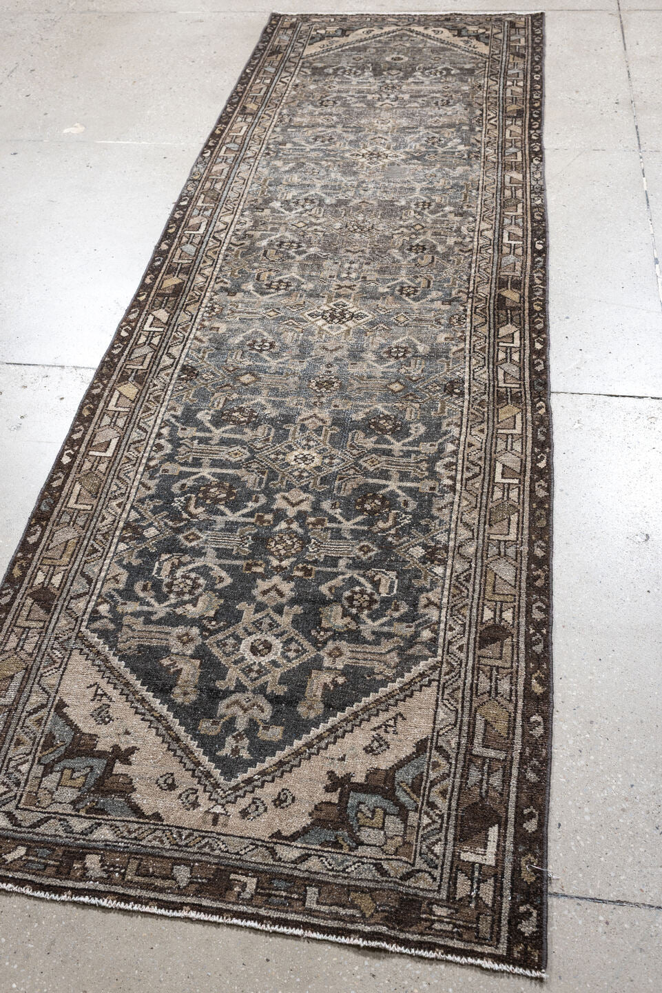 3' x 9' one-of-a-kind handmade antique Malayer runner rug. Color palette: blue gray, charcoal, ivory, taupe, brown, slate