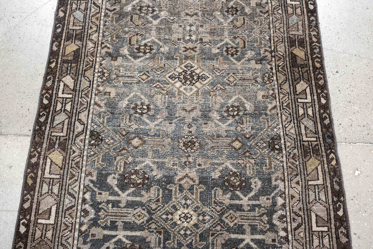 3' x 9' one-of-a-kind handmade antique Malayer runner rug. Color palette: blue gray, charcoal, ivory, taupe, brown, slate
