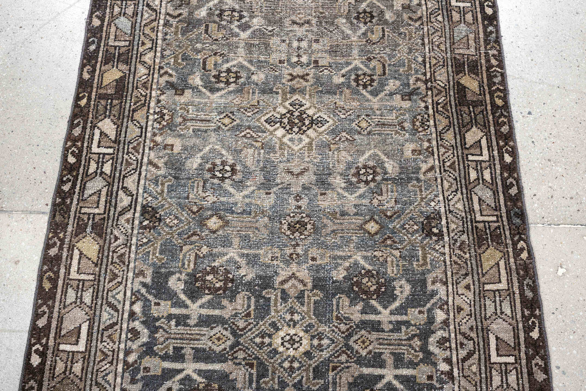 3' x 9' one-of-a-kind handmade antique Malayer runner rug. Color palette: blue gray, charcoal, ivory, taupe, brown, slate