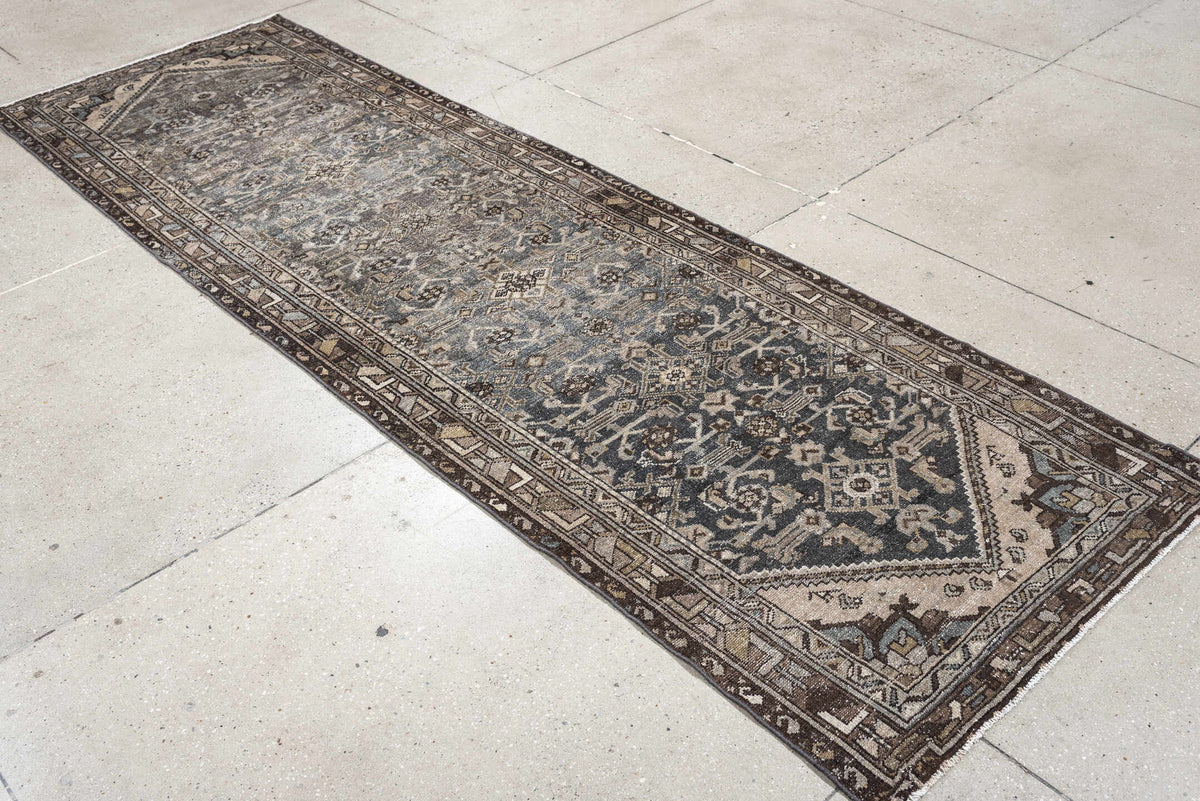 3' x 9' one-of-a-kind handmade antique Malayer runner rug. Color palette: blue gray, charcoal, ivory, taupe, brown, slate