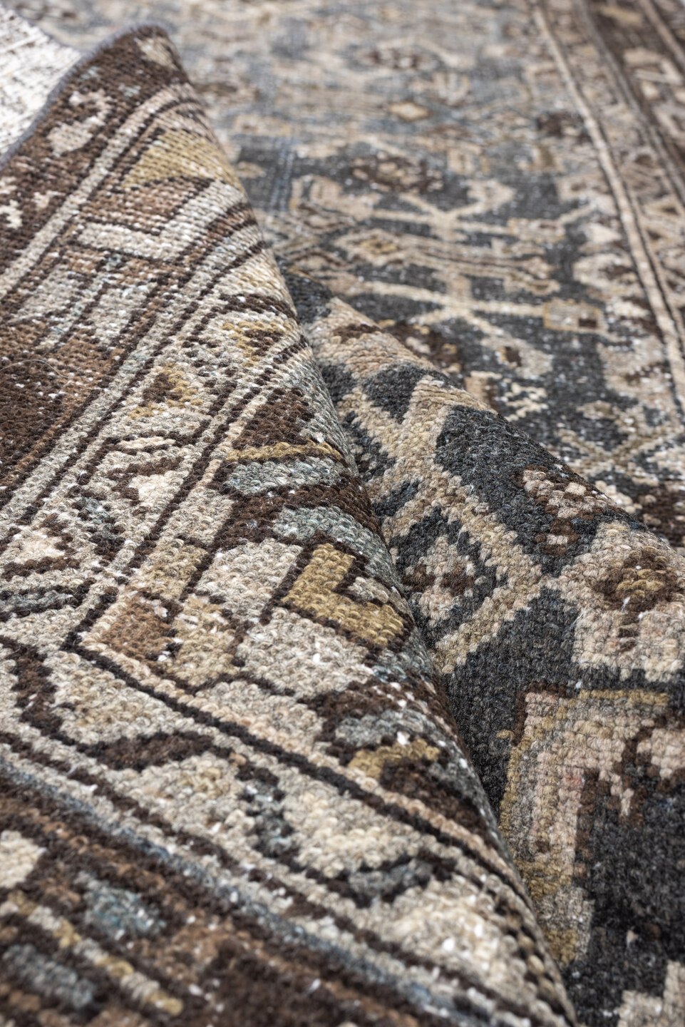 3' x 9' one-of-a-kind handmade antique Malayer runner rug. Color palette: blue gray, charcoal, ivory, taupe, brown, slate