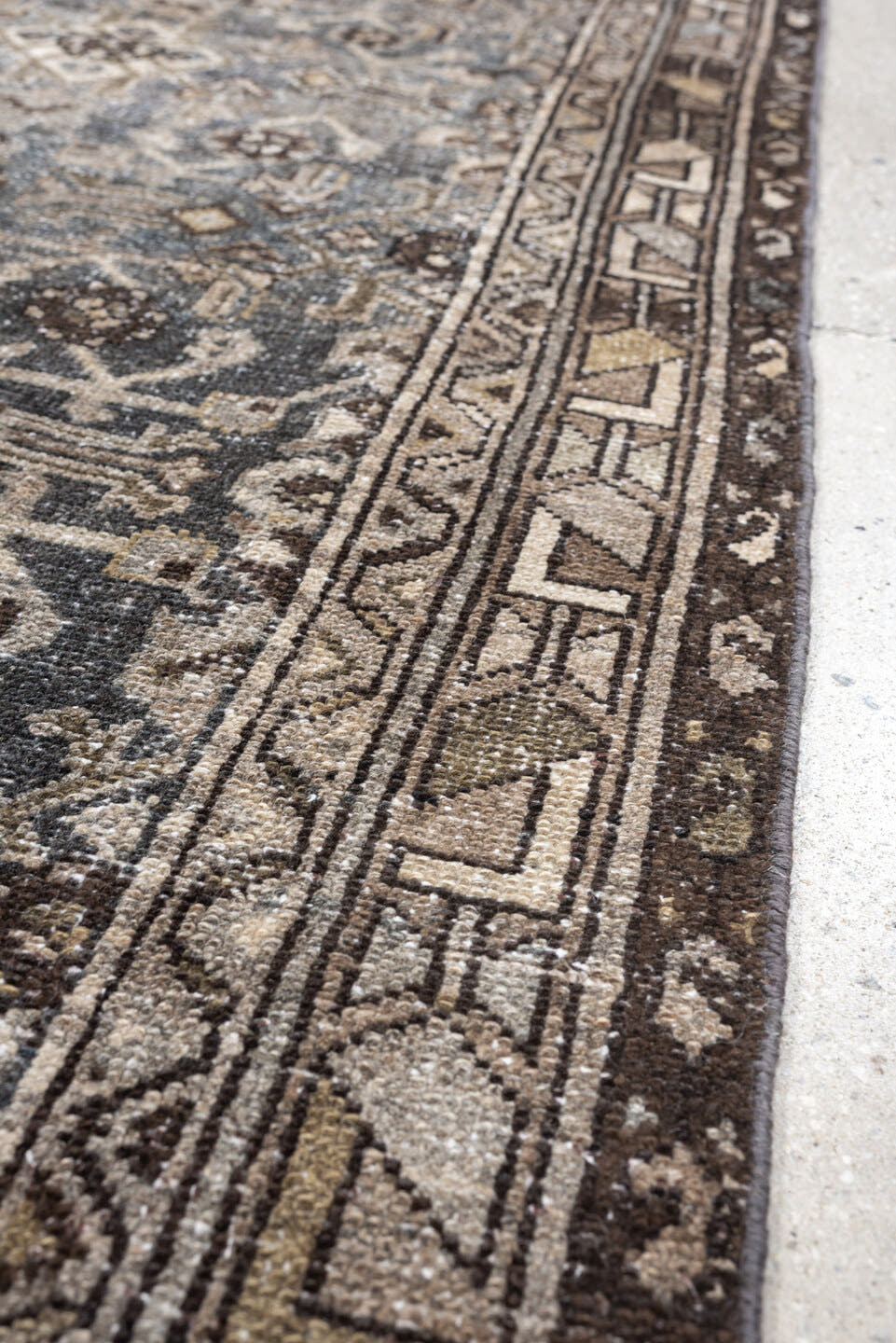 3' x 9' one-of-a-kind handmade antique Malayer runner rug. Color palette: blue gray, charcoal, ivory, taupe, brown, slate