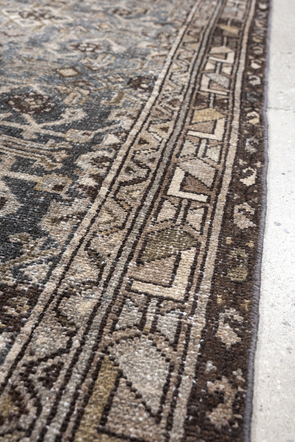 3' x 9' one-of-a-kind handmade antique Malayer runner rug. Color palette: blue gray, charcoal, ivory, taupe, brown, slate