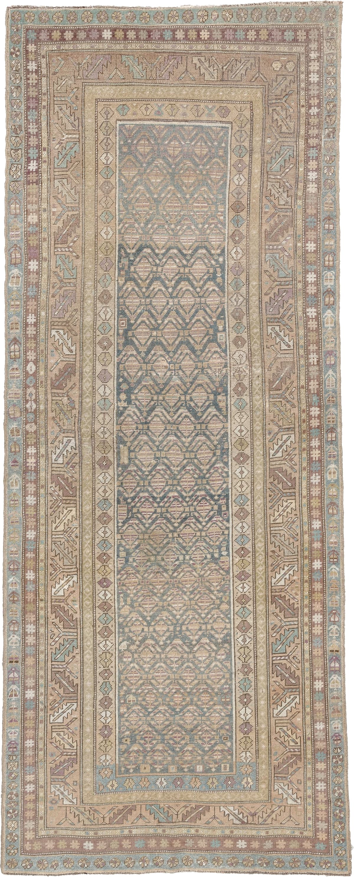 3' x 8' one-of-a-kind handmade antique Kurd runner rug. Color palette: blue gray, ivory, taupe, dusty rose, muted teal, sage