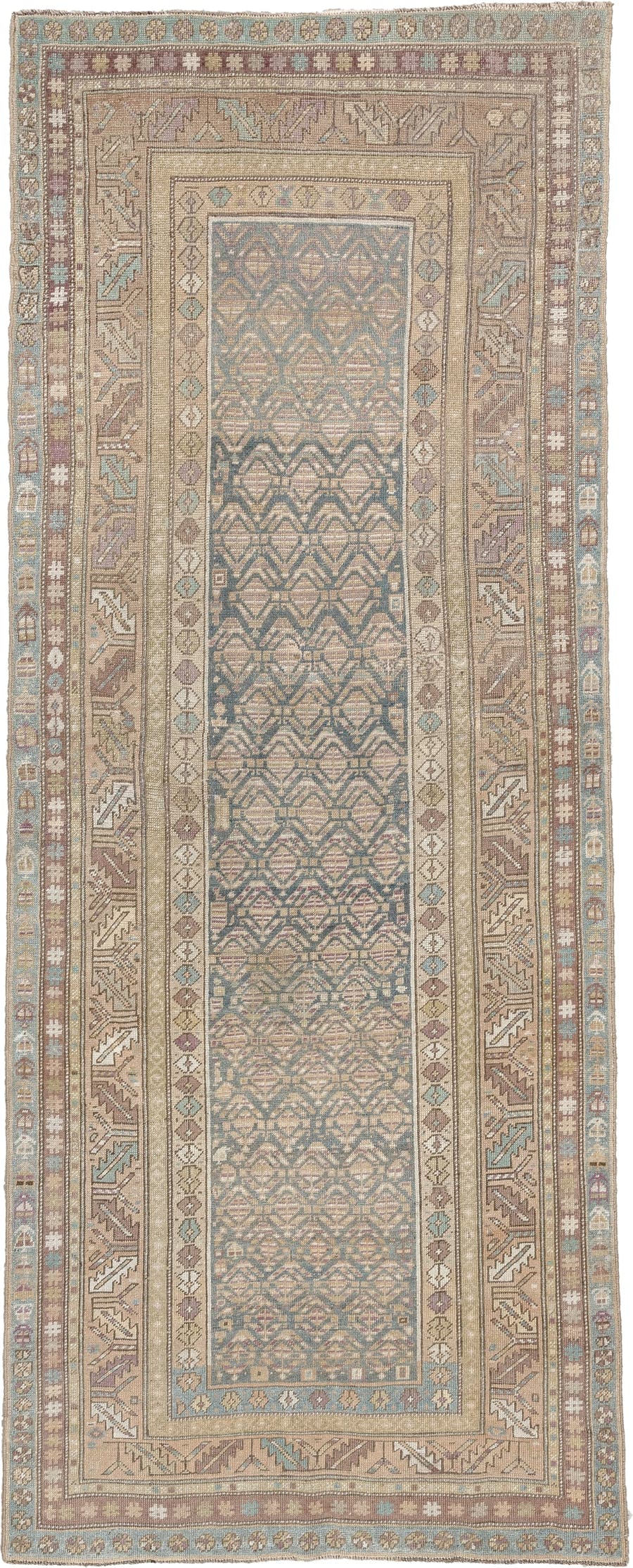 3' x 8' one-of-a-kind handmade antique Kurd runner rug. Color palette: blue gray, ivory, taupe, dusty rose, muted teal, sage
