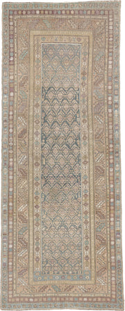 3' x 8' one-of-a-kind handmade antique Kurd runner rug. Color palette: blue gray, ivory, taupe, dusty rose, muted teal, sage