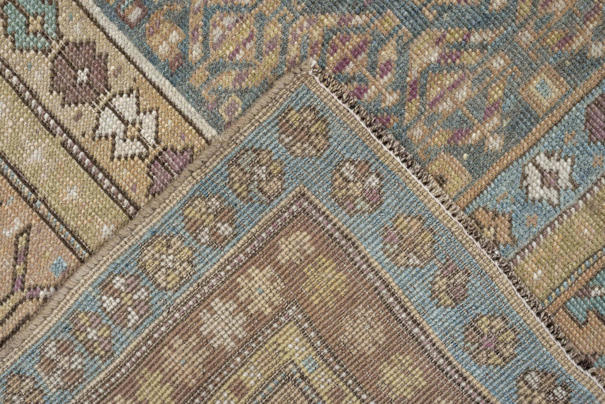 3' x 8' one-of-a-kind handmade antique Kurd runner rug. Color palette: blue gray, ivory, taupe, dusty rose, muted teal, sage