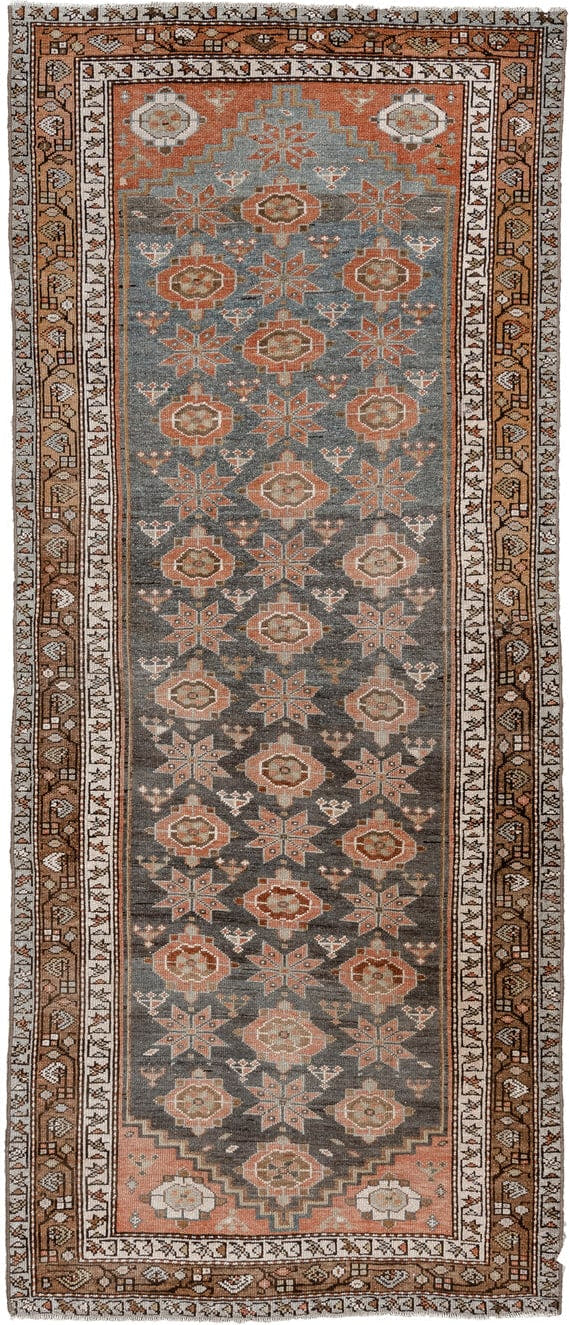 3' x 8' one-of-a-kind handmade antique Hamadan runner rug. Color palette: charcoal, terracotta, ivory, taupe, brown, slate