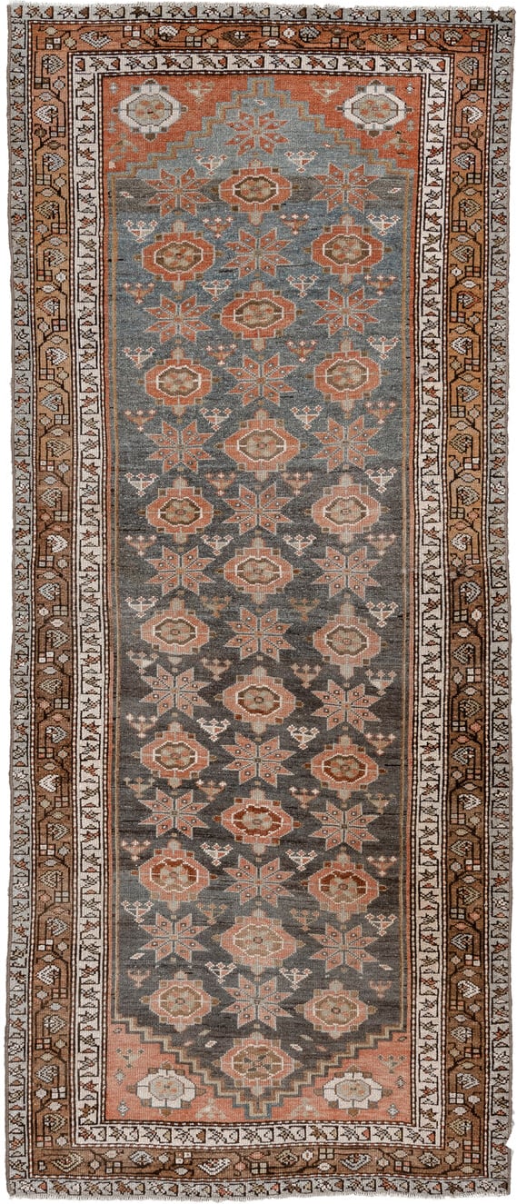 3' x 8' one-of-a-kind handmade antique Hamadan runner rug. Color palette: charcoal, terracotta, ivory, taupe, brown, slate